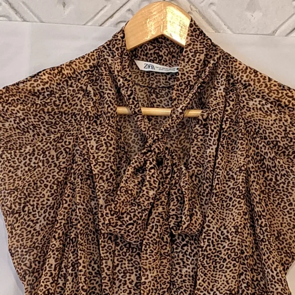 ZARA LEOPARD PRINT PUSSYCAT BOW TIE 90'S STYLE BLOUSE IN BLACK/BROWN SZ M - Picture 3 of 15